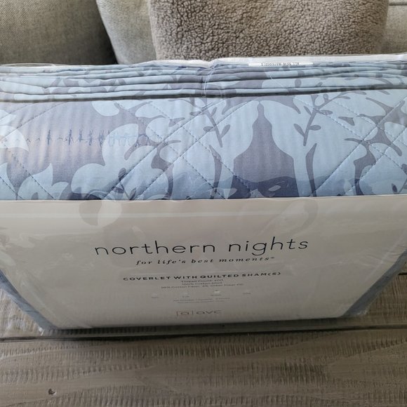 Northern Nights Cotton Printed Damask Coverlet and shams  Set Chambray Blue NEW - Picture 3 of 4
